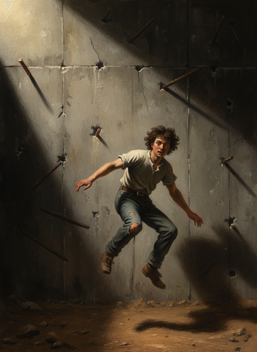 He plunged twelve feet, his body revolving slowly in the air, so that when he struck the concrete wall with its outcropping of rebar, he hit headfirst, then tumbled the last eight feet to the dirt.