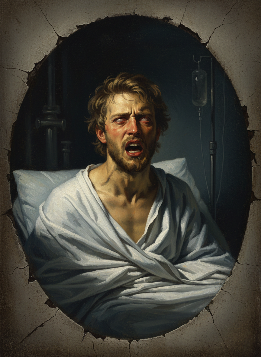 He stood naked on the gurney, eyes bulging, bloodshot, screaming that he would rip out the eyes of the next bastard who came near him.