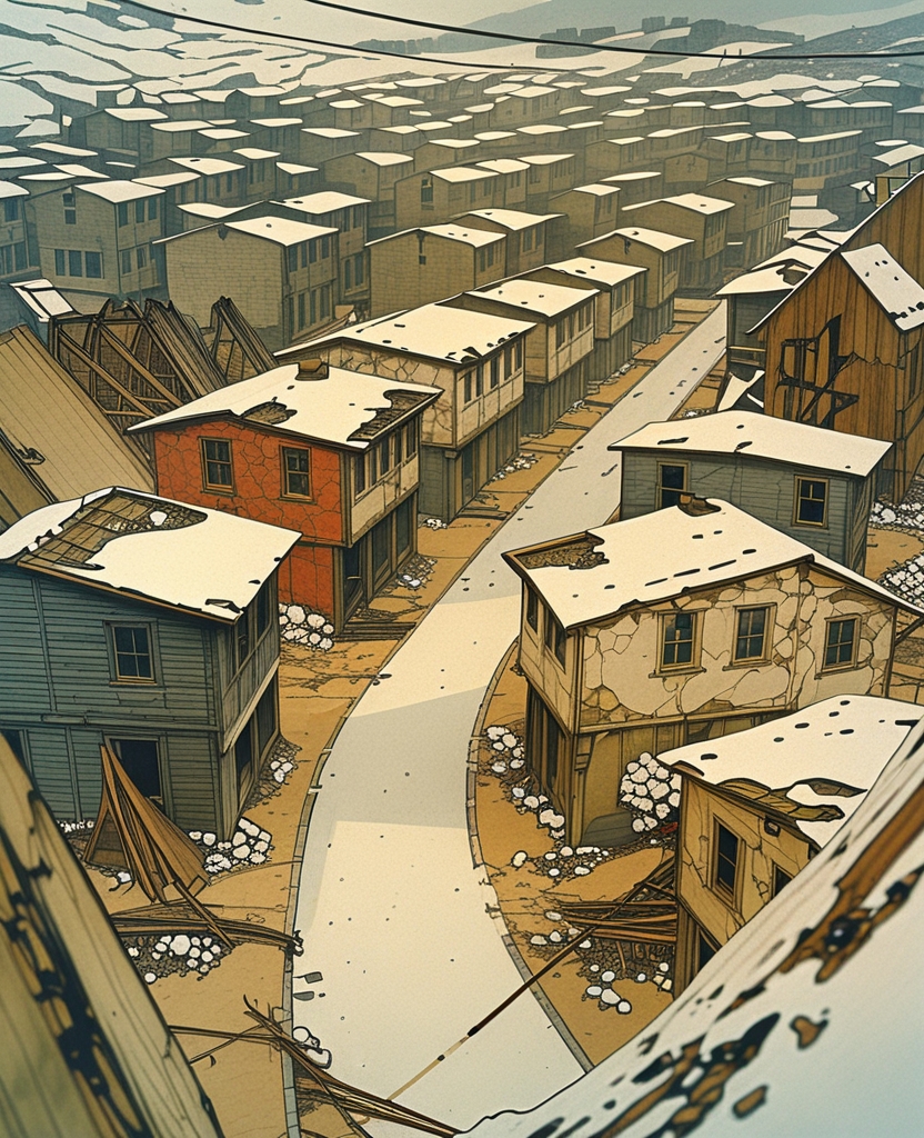 I passed through snow-covered streets, between poor rotting houses leaning this way and that way, barely able to stand, and through fire-ravaged neighborhoods.