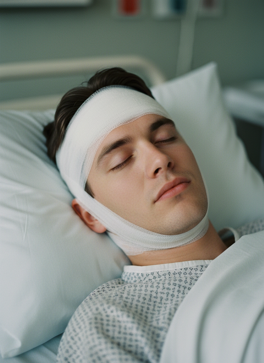 I stared at his face, at the bandages wrapped around his forehead and over his ears, and was bled of my bitterness.