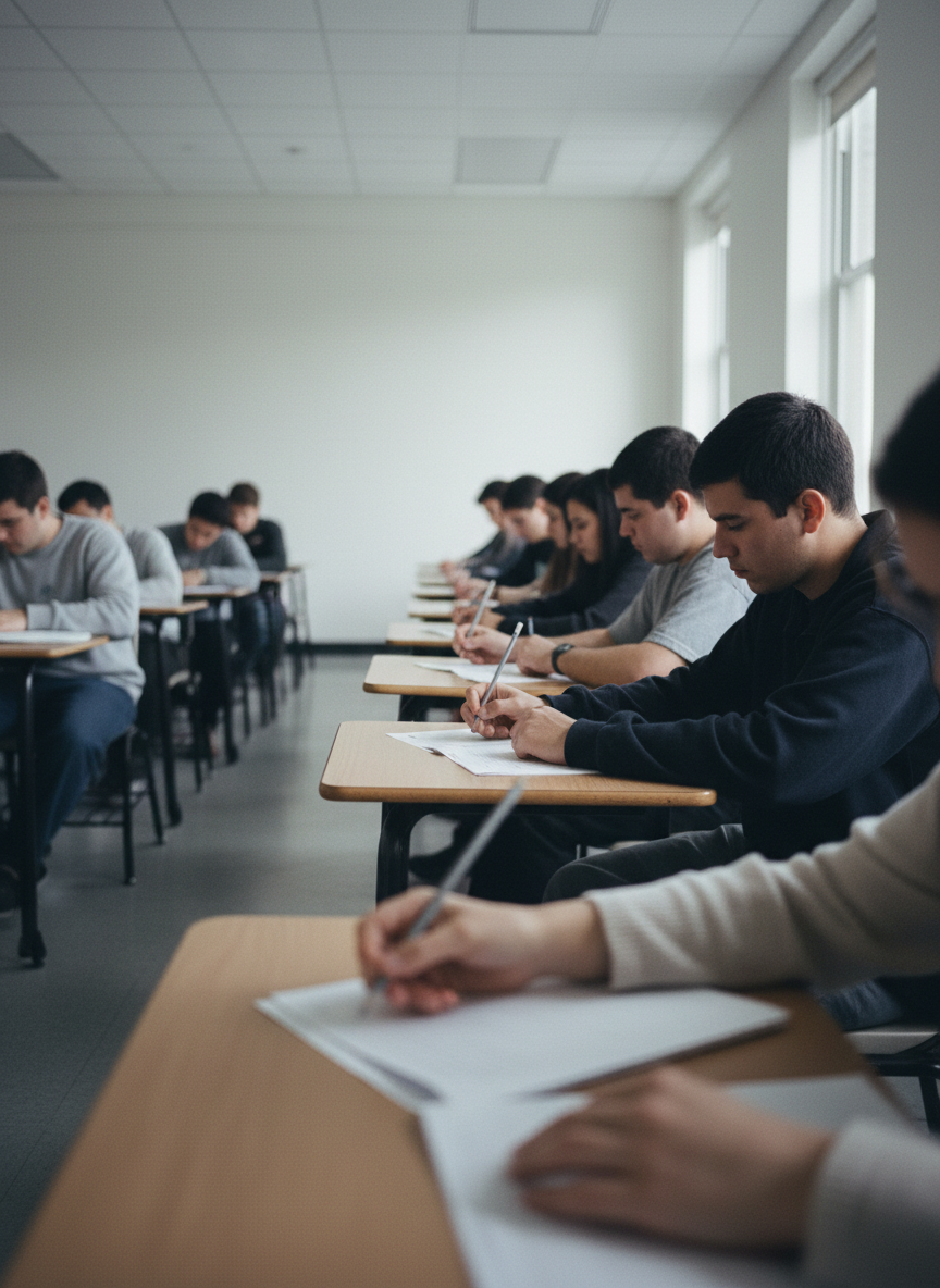 I was led into a white classroom with thirty other students, who took their seats and placed their pencils on their desks.