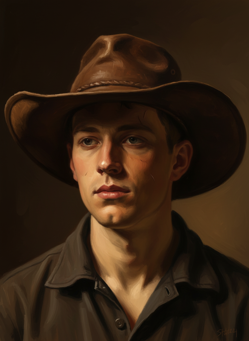 He wore an Aussie outback hat, which was large, wide-brimmed, and made of chocolate-brown oiled leather.