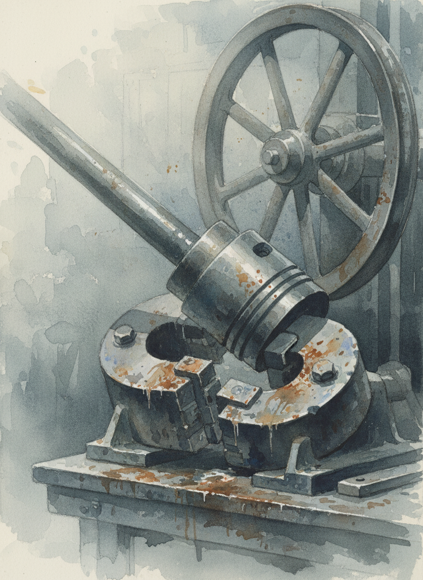 They bit down, their great jaws propelled by a heavy piston attached to a large iron wheel.