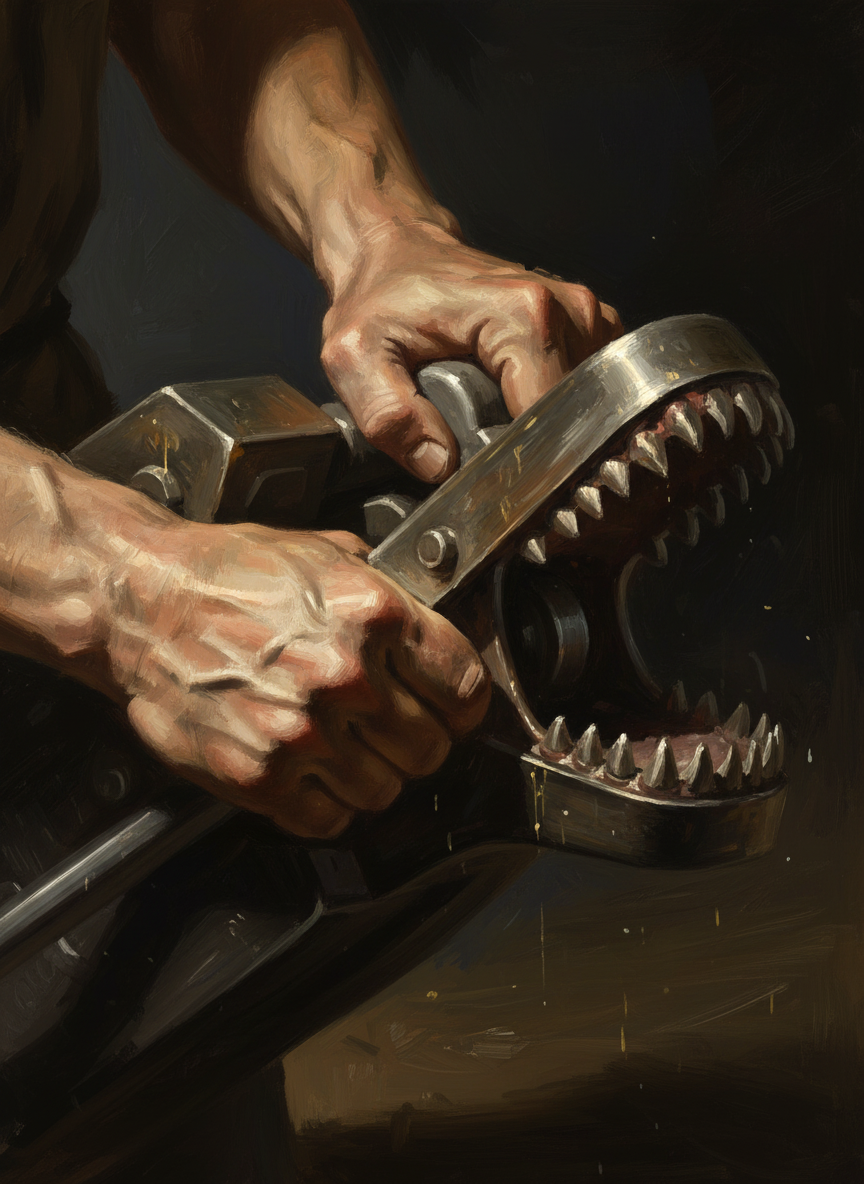 The blades chomped, growling as they snapped up and down—a warning, I thought, like a dog’s snarl, to get the hell away.