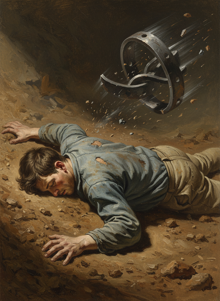 I let go and collapsed in the dirt, and the iron, now free, and being chewed violently by the blades, launched into the air then crashed down next to me.
