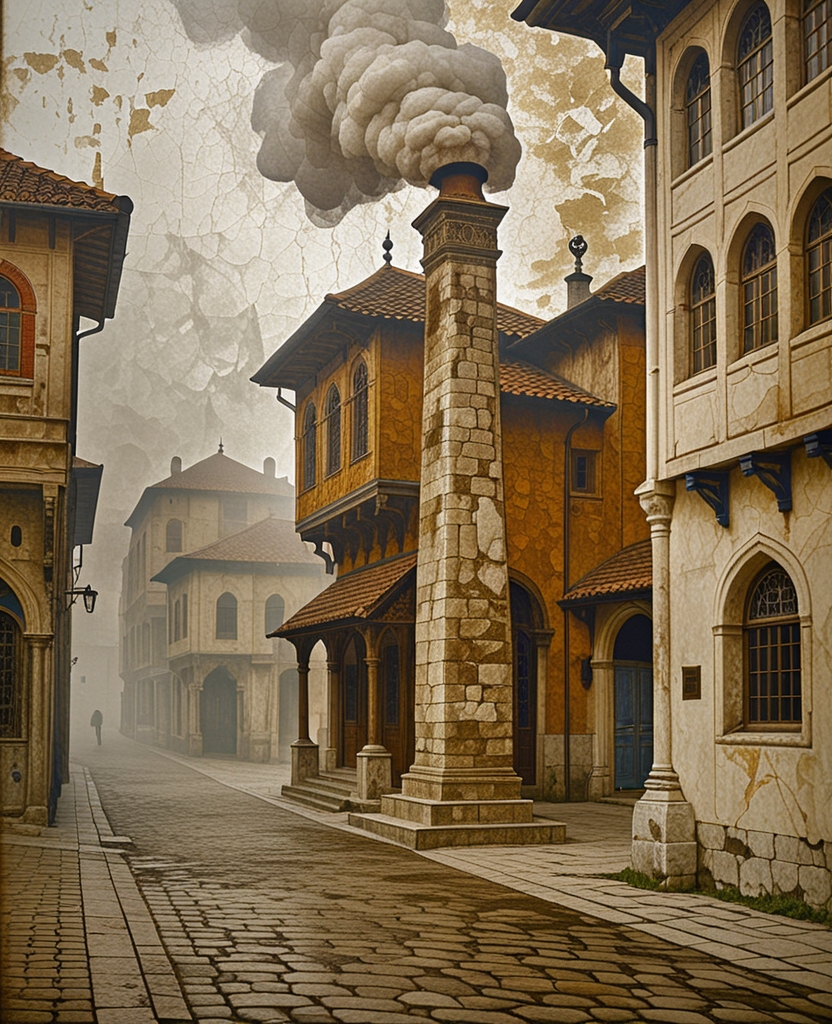 In the silent fog, off to the left, the chimney of the Hanım Sultan Charity candleworks shop happily piped up its smoke.