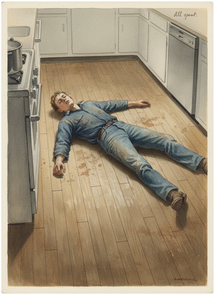 In the evenings he lay on the kitchen floor in his stained shirt and dusty jeans, too weary even to shower.