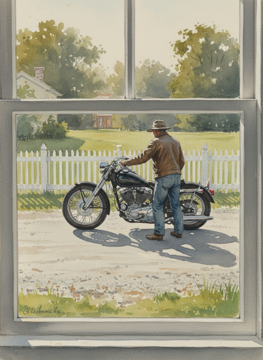 With his booming black motorcycle and his wide-brimmed Aussie hat, he seemed entirely out of place parking parallel to Grandma’s white picket fence.