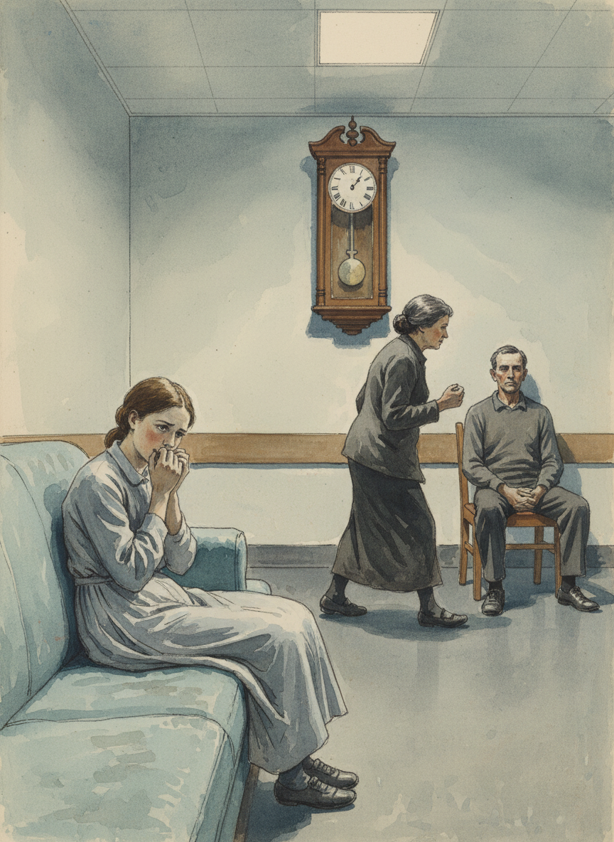 Fifteen minutes later they were there, and the three of us waited awkwardly together, me chewing my fingernails on a pastel-blue sofa, Mother pacing and clicking her fingers, and Dad sitting motionless beneath a loud wall clock.