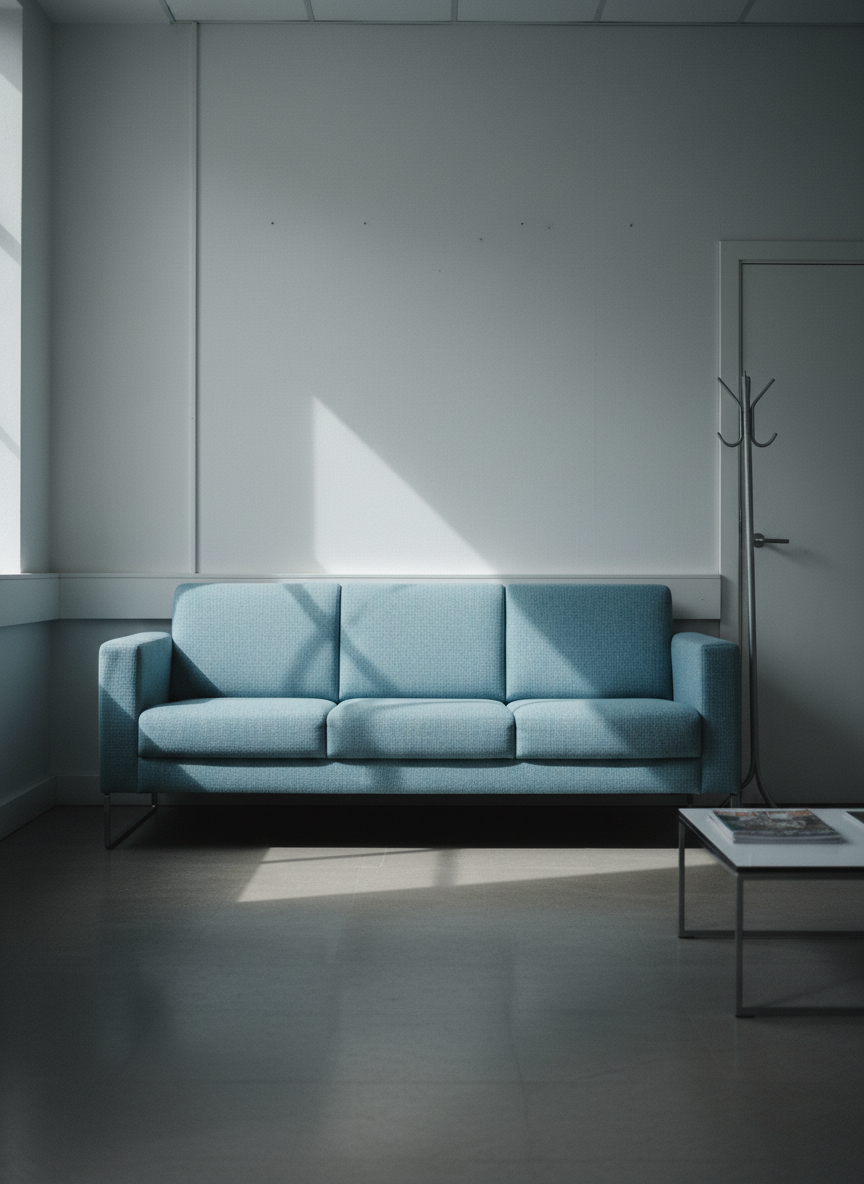 I think of the waiting room, with its ice-blue sofa and pale walls.