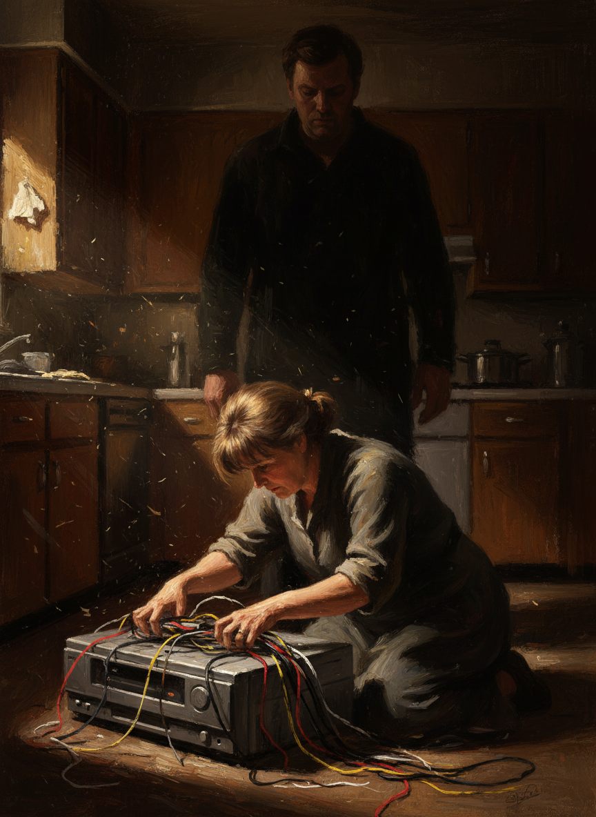 Mother had taken my place, crouching over the VCR, groping for the wires, as Dad towered over her.