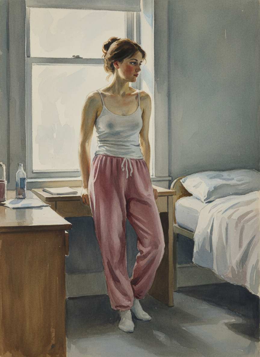 She was wearing plush pink pajama bottoms and a tight white tank with spaghetti straps.