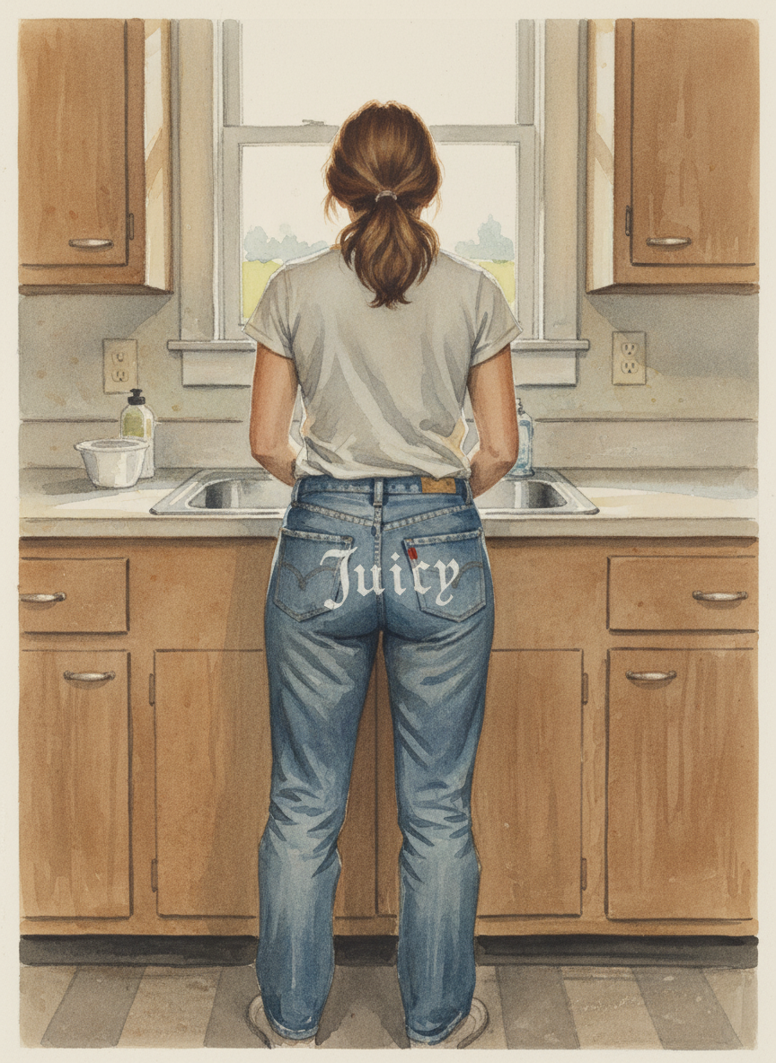 Shannon moved to the sink and I saw the word “Juicy” written across her rear.