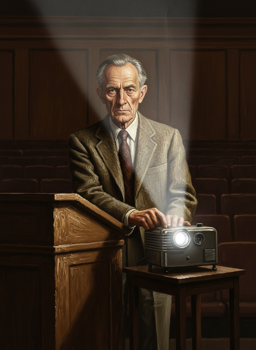 He flipped a switch and a slide projector filled the room with white light.