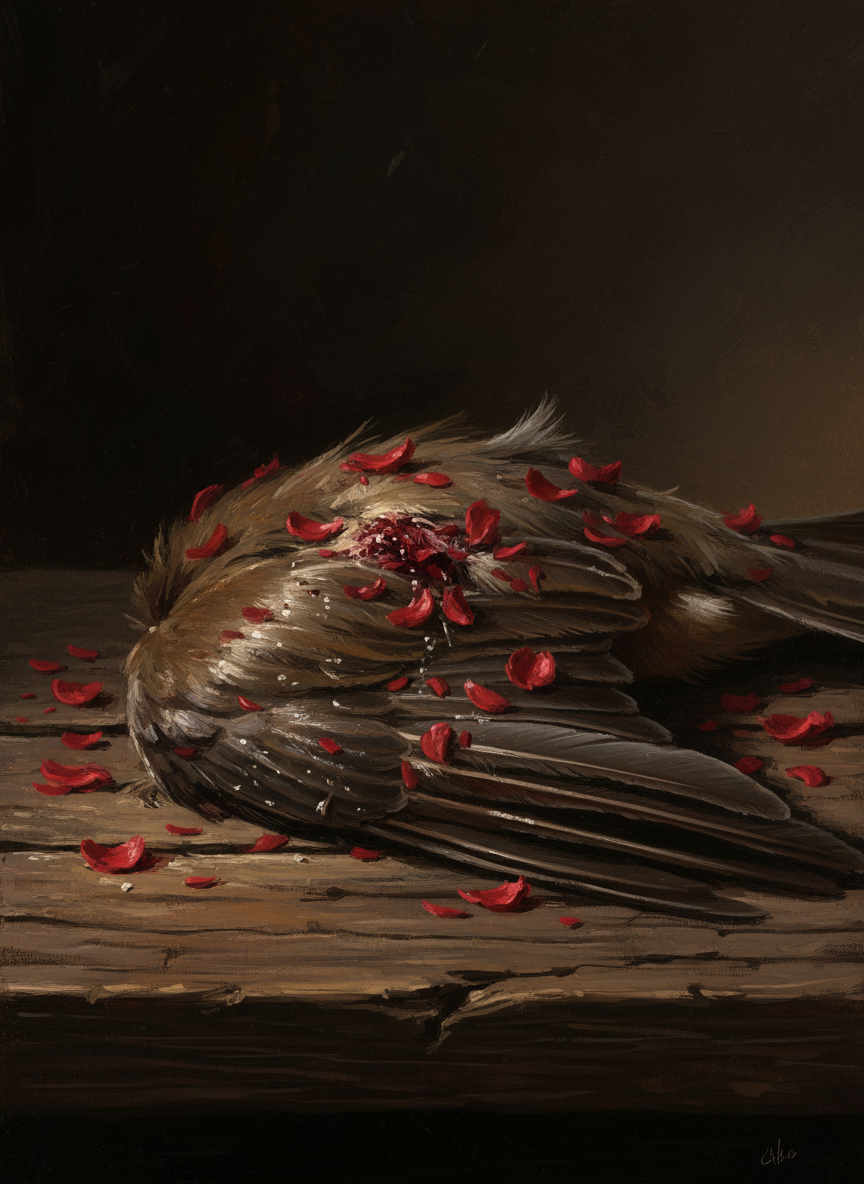 Its feathers were soaked in blood.