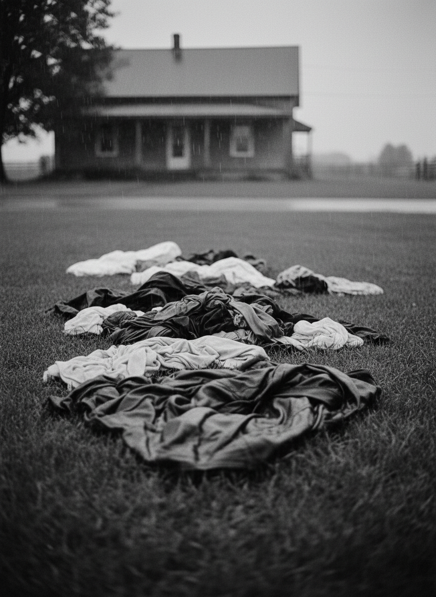 It was early afternoon, and raining heavily, when I came home and found my clothes on the front lawn.