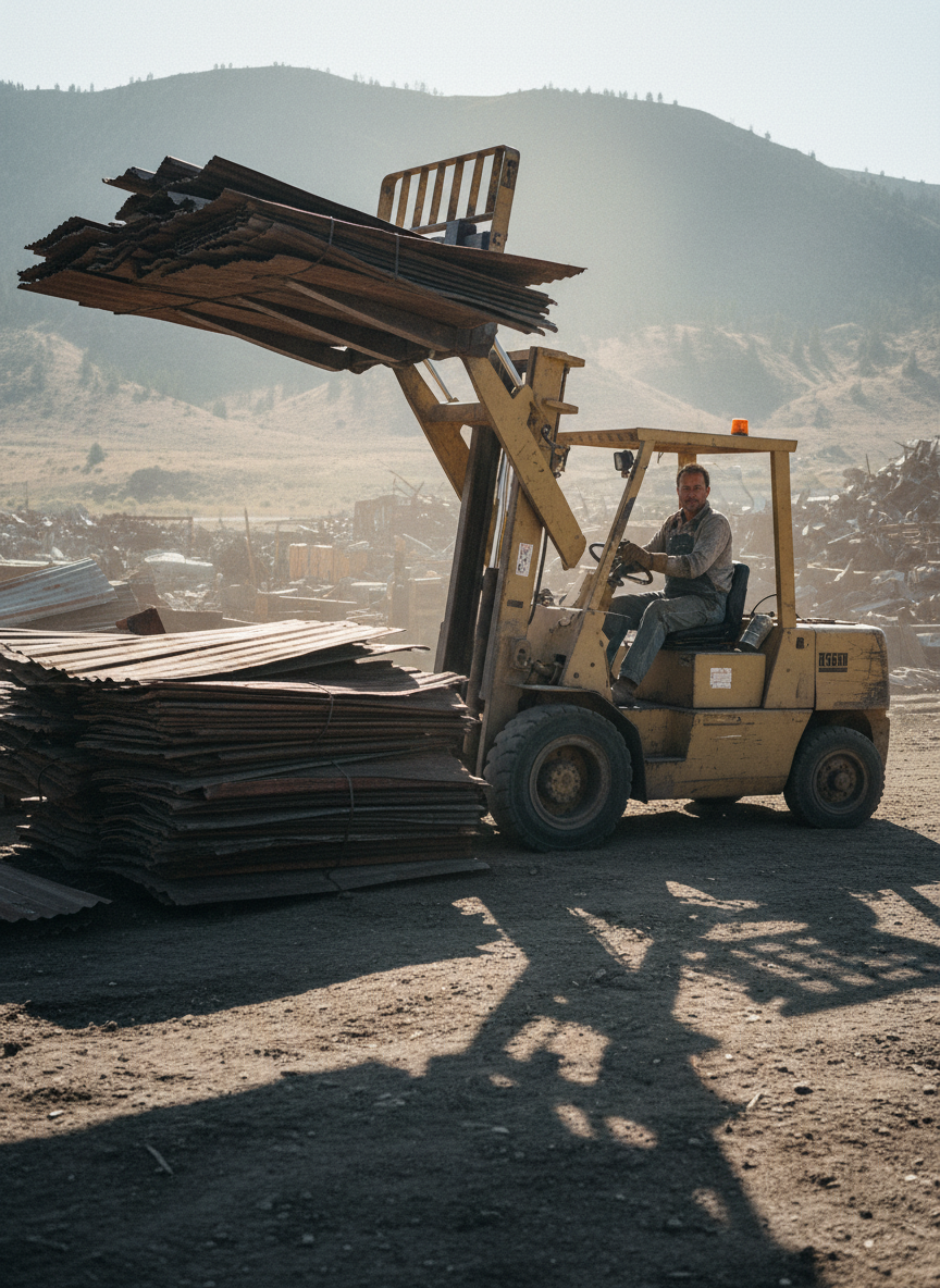 Dad was in the forklift, scooping up a stack of corrugated tin.