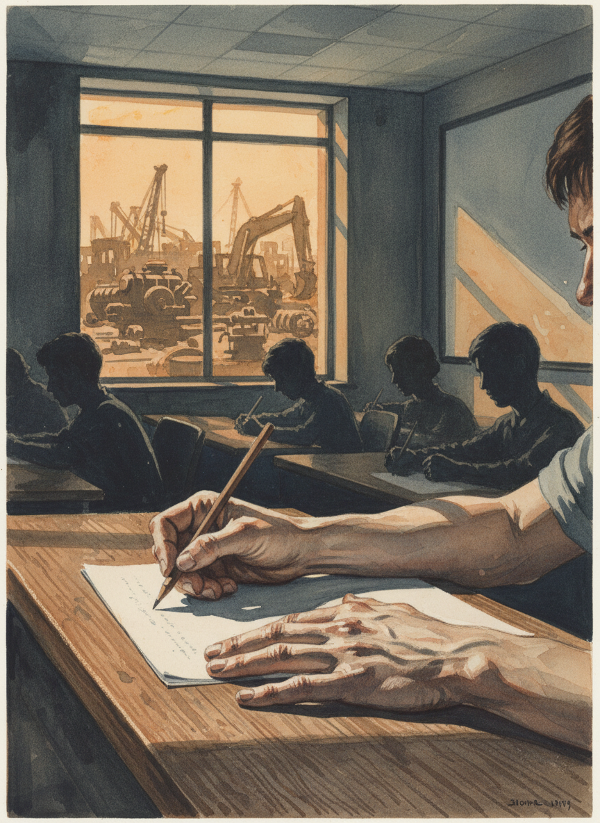 The scratch of pencils on paper, the clack of a projector moving to the next slide, the peal of the bells signaling the end of class—all were drowned out by the clatter of iron and the roar of diesel engines.