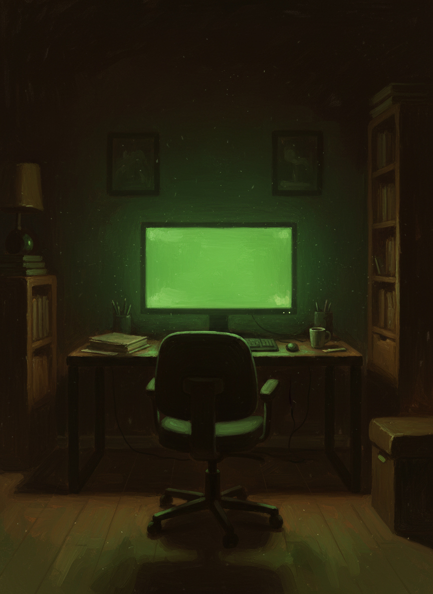 Mother’s computer was on, the screen saver casting a green light over the living room.