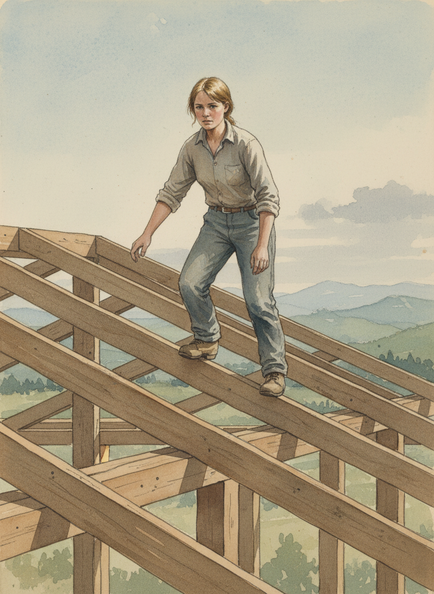Once, when we were thirty feet in the air, scrambling on the purlins of the unfinished roof, not wearing harnesses because we never wore them, Dad realized that he’d left his chalk line on the other side of the building.