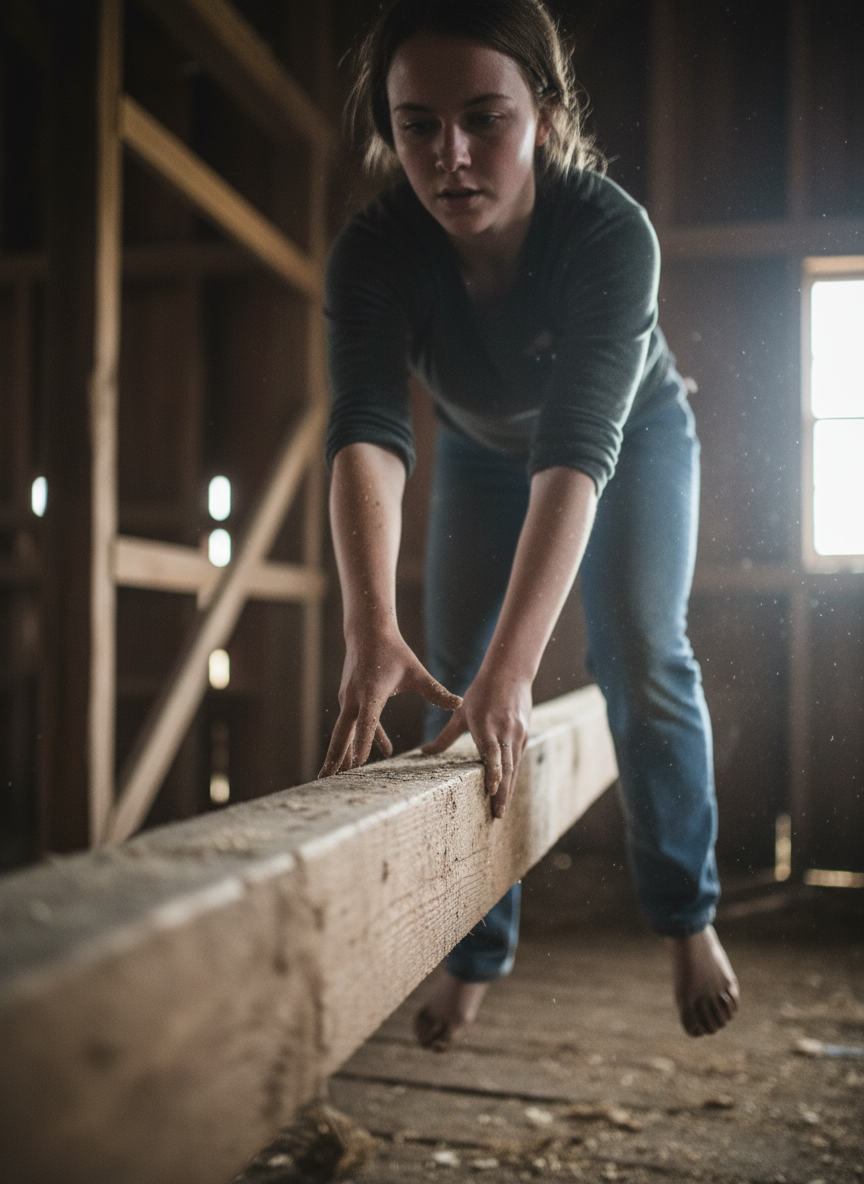 This was more dangerous in one sense—if I fell to the right, there would be no purlins to catch me—but the framing beam was thicker, and I could walk it like a tightrope.