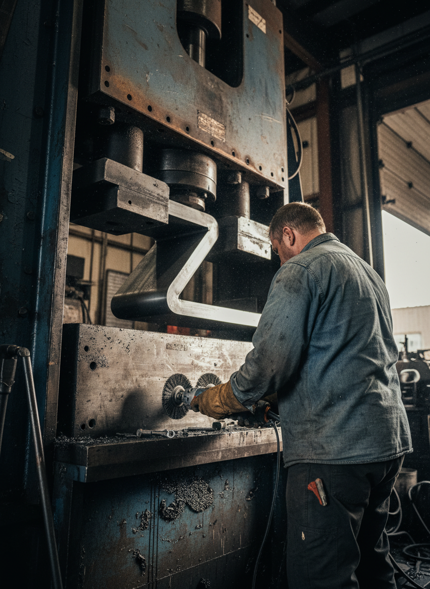 We used a machine the size of a mobile home to press them into a Z shape, then we attached wire brushes to grinders and blasted away the rust so they could be painted.