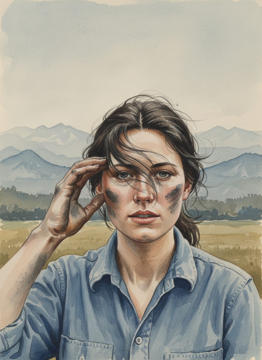 The wind swept down the mountain, blowing strands in my eyes, and I reached across my face and brushed them away.