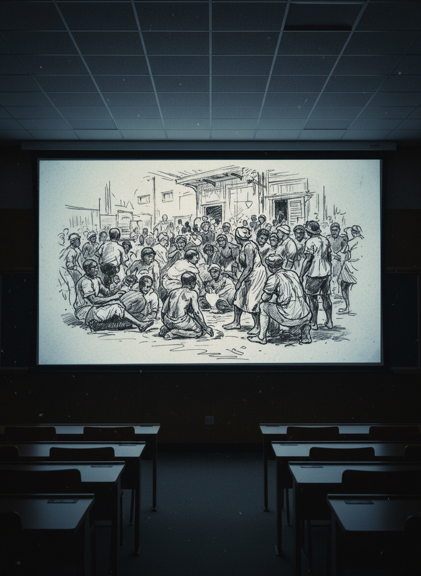 Kimball lectured on slavery, he filled the overhead screen with a charcoal sketch of a slave market.
