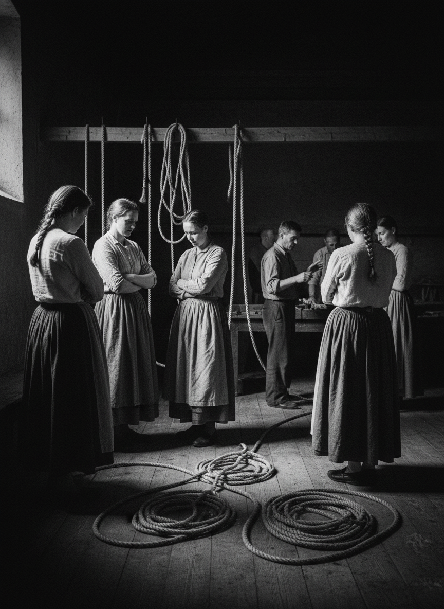 Women stood, naked or half naked, and chained, while men circled them.
