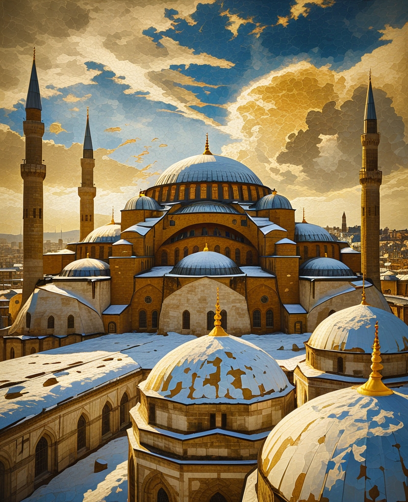 The snow-capped domes shone bright in the sunlight that broke abruptly through the clouds.