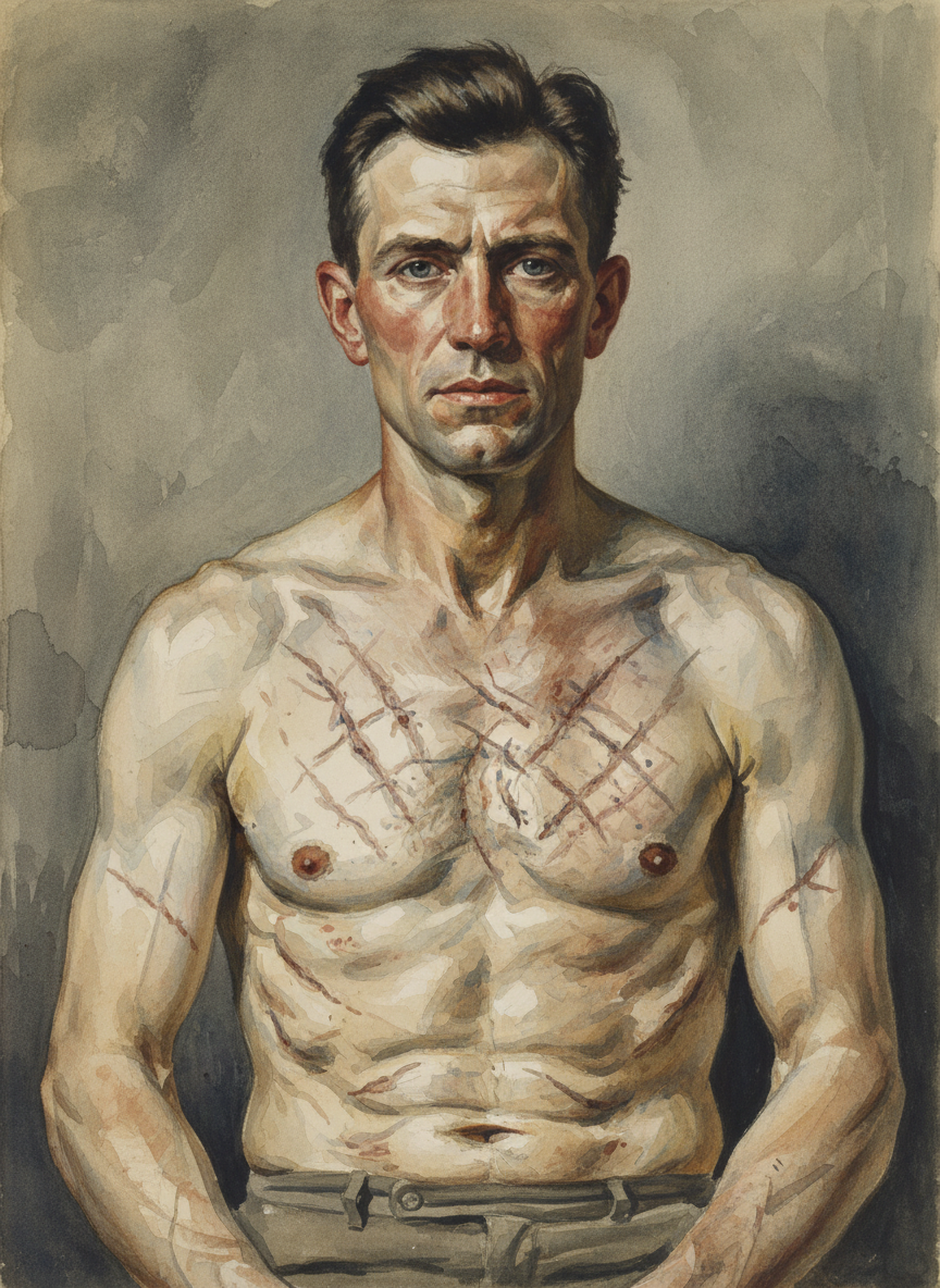 In it a man sits, stripped above the waist, exposing for the camera a map of raised, crisscrossing scars.