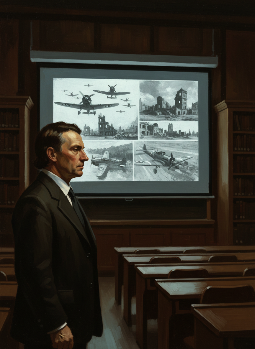 When Dr. Kimball lectured on World War II, the screen showed rows of fighter planes interspersed with the skeletal remains of bombed cities.