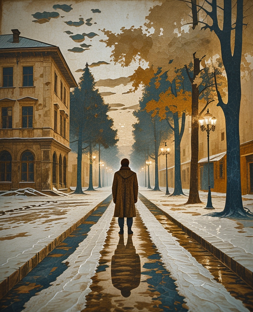 I stood in the middle of the snowy street as evening fell and gazed down the dark road which had been abandoned along with me to jinns, fairies, brigands, thieves, to the grief of fathers and children returning home and to the sorrow of snow-covered trees.