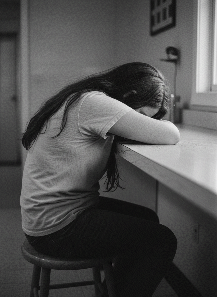 I sat on a stool, my head pressed against the cold counter.