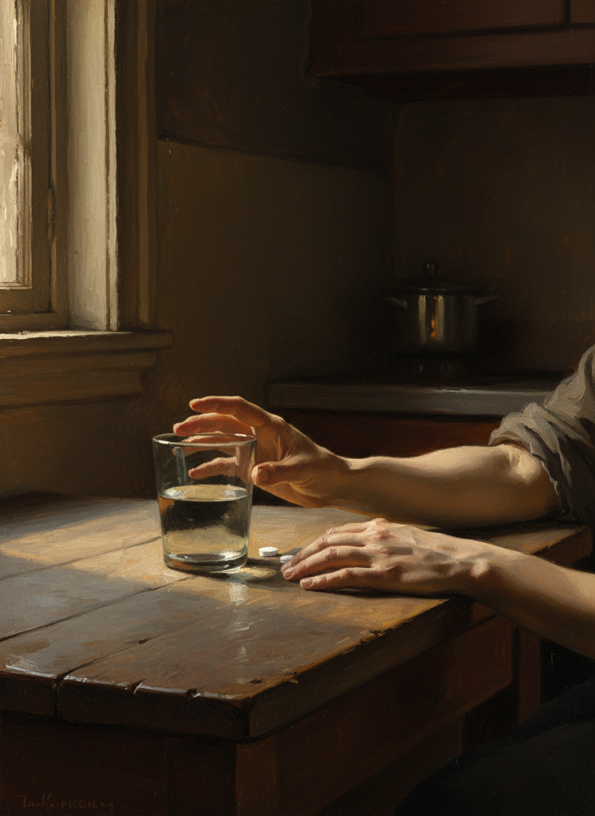 He filled a glass of water and set it in front of me, then gently pushed the pills forward until they touched my arm.