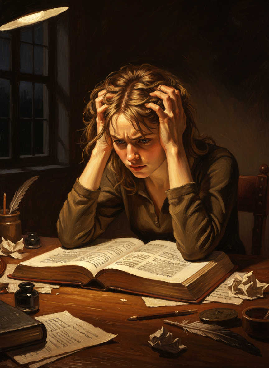 I stayed up late, twisting my hair into knots as I tried to wrest meaning from the textbook, then lying in bed and brooding over my notes.