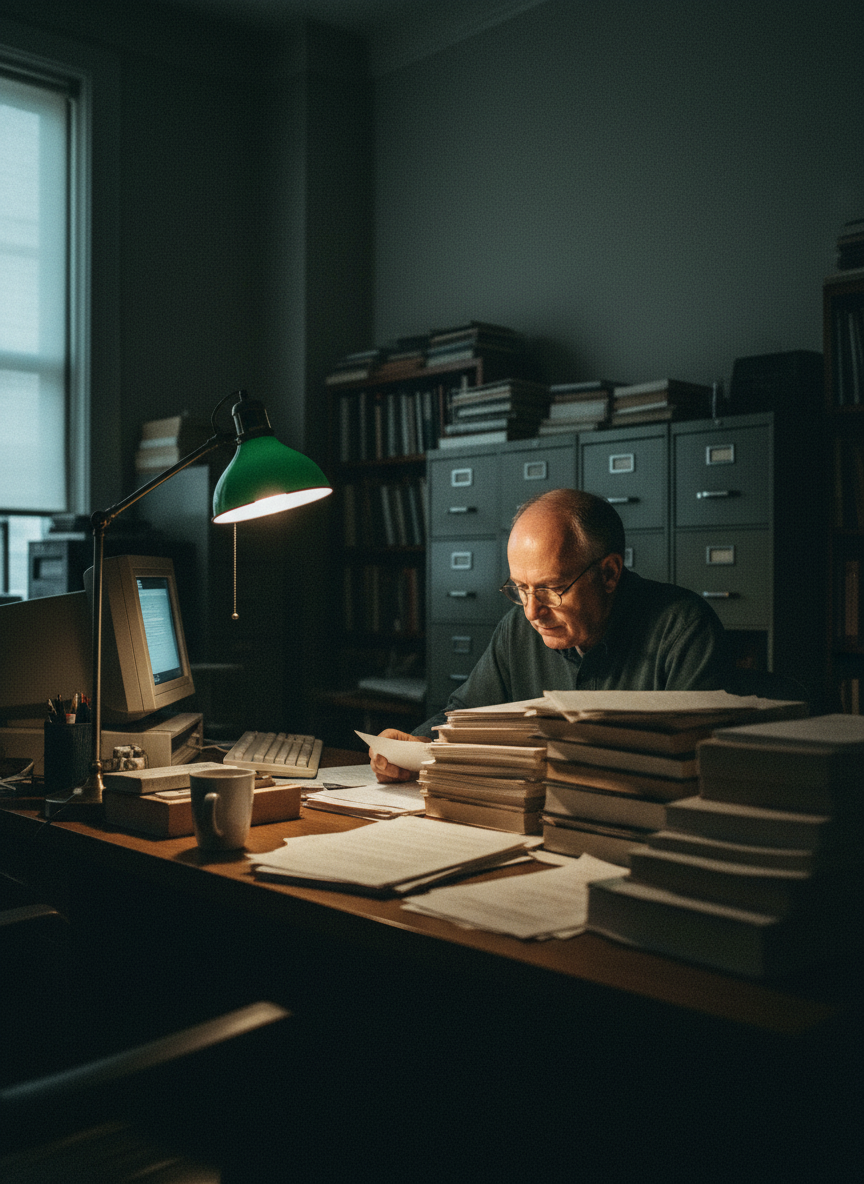 He looked smaller in his office than he did in the lecture hall, and more shiny: the light above his desk reflected off his head and glasses.