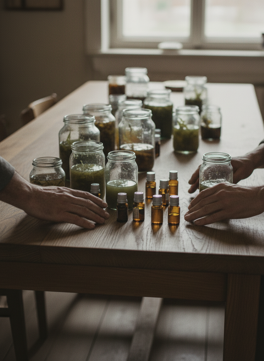 The large oak table was covered with jars of tincture and vials of essential oil, which I cleared away.