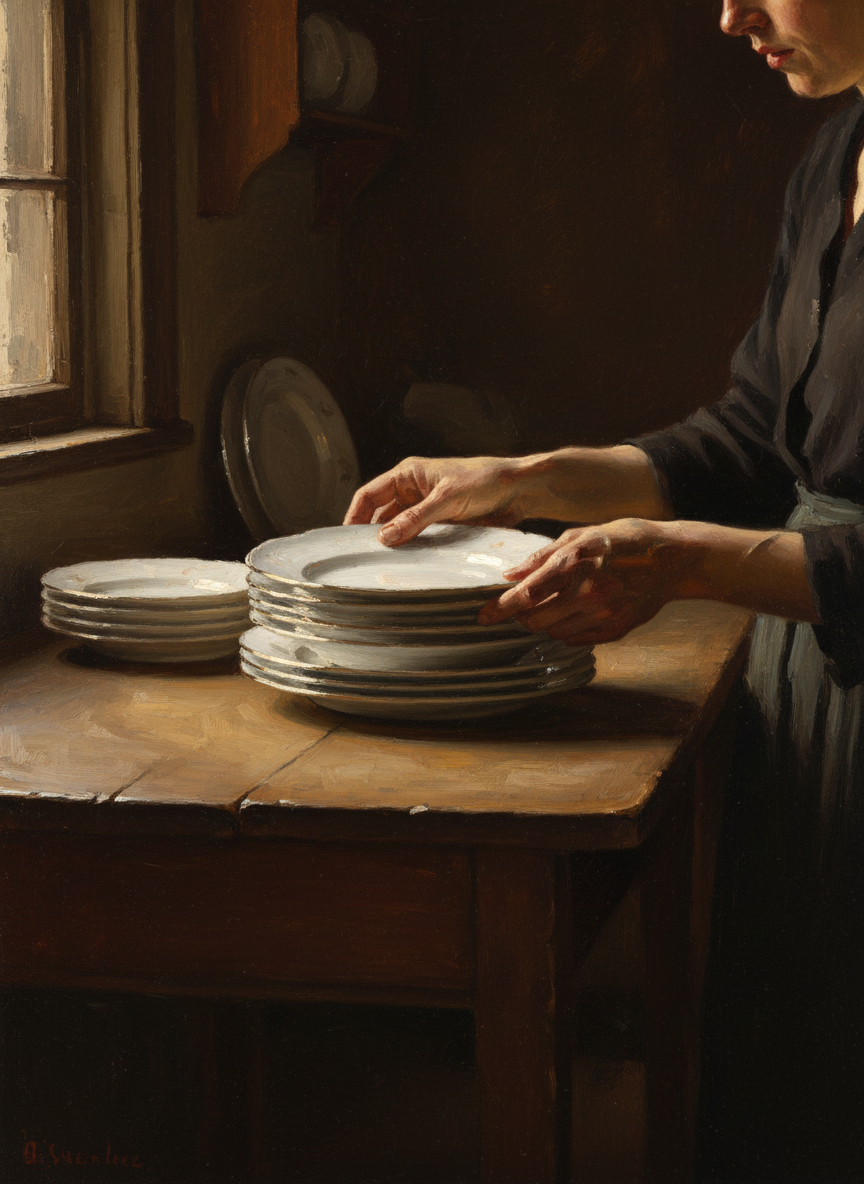 I’d washed Mother’s china, which had never been used, and I began laying it out, eyeing the distance between each plate and knife.