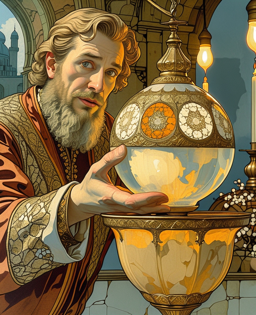 Your eyes widen as you behold my glimmer, you thrill as I shimmer in the light of the oil lamp, and finally, you bristle with envy at my owner, Master Stork.