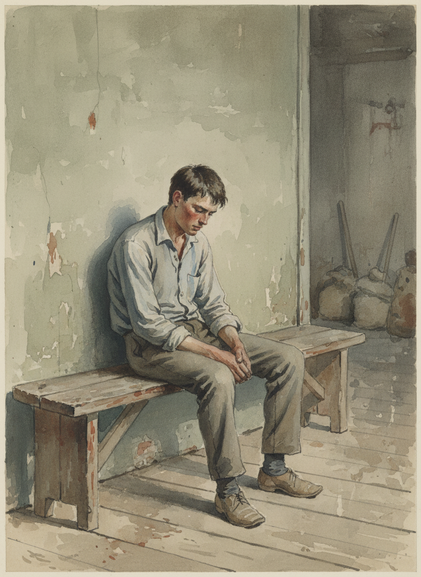 Shawn slumped on a bench, his back against the wall, his face tilted toward the floor.