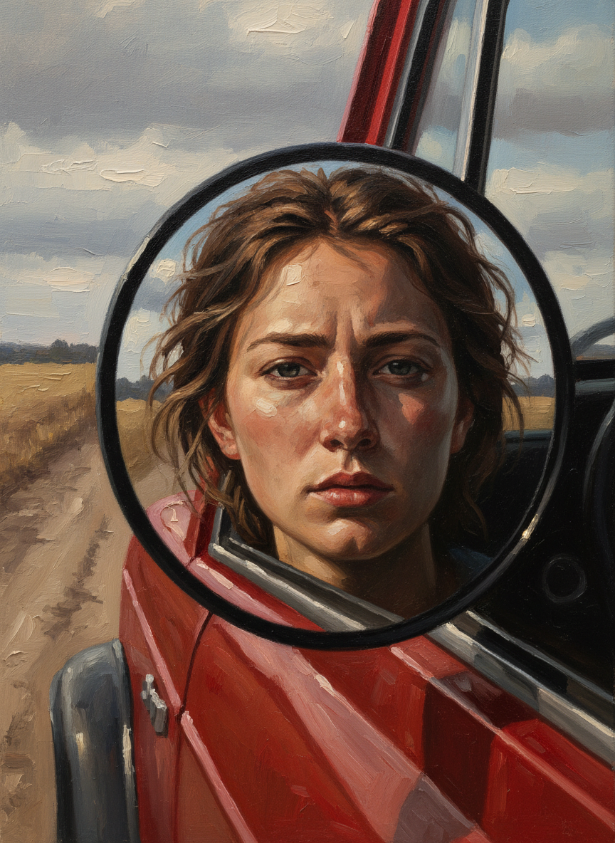 I pull down the visor to evaluate myself, noting the tangle the windy roof has made of my hair, and the grease from the tin that has lodged in my pores, making them fat and brown.