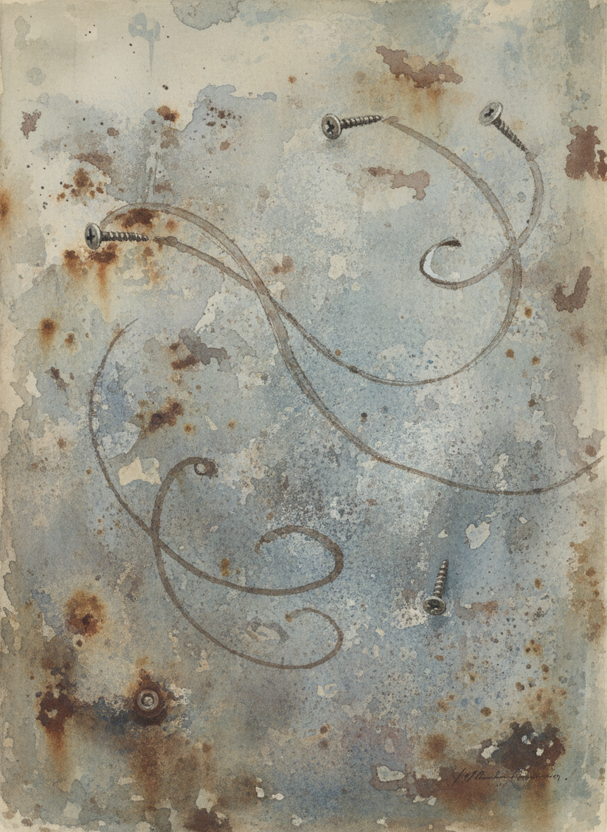 The screws bounce off the painted tin, leaving long, twisting marks like curled ribbons.