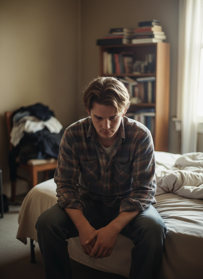 Shawn was sitting on the bed, his shoulders hunched, his legs bowed outward.
