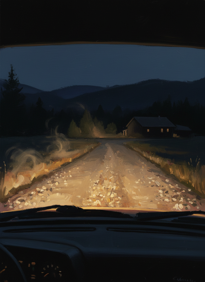 When I reached the peak, I crept up the driveway, wincing each time a bit of gravel snapped beneath my tires.