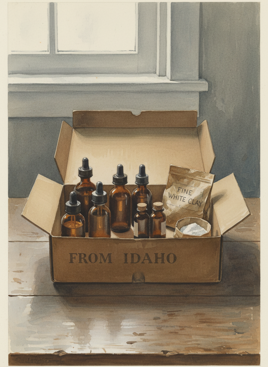 Inside were six bottles of tincture, two vials of essential oil, and a bag of white clay.