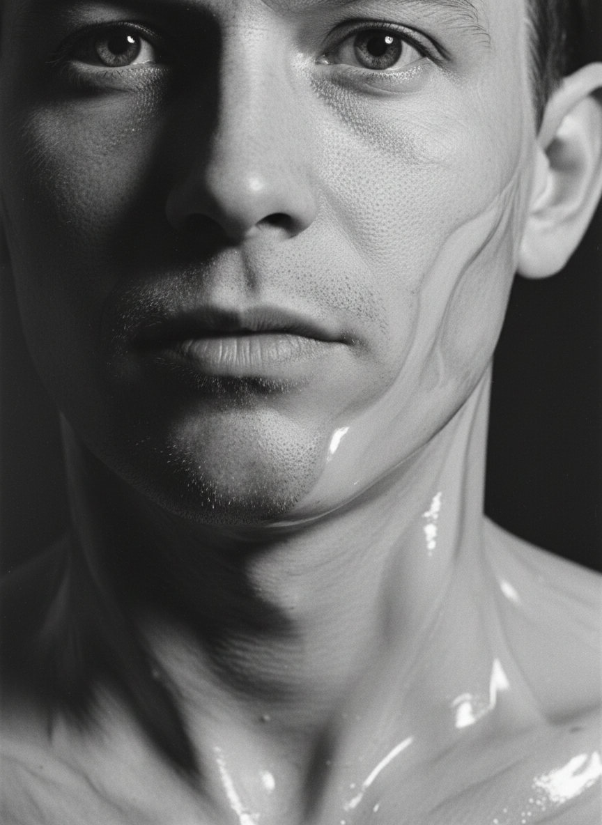 The lower half of his face liquefied: the fire consumed plastic, then skin, then muscle.