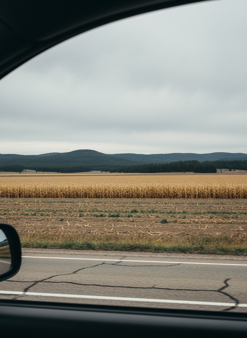 My eyes barely registered the patchwork of corn and potato fields, or the dark hills covered in pine.
