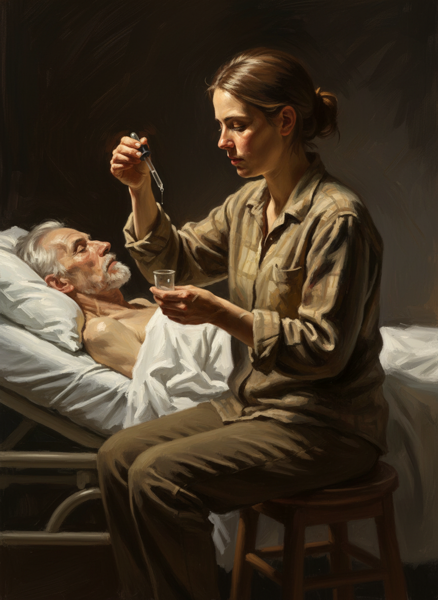 I sat by Dad’s bed, dripping teaspoons of water into his mouth with a medical dropper and feeding him pureed vegetables as if he were a toddler.
