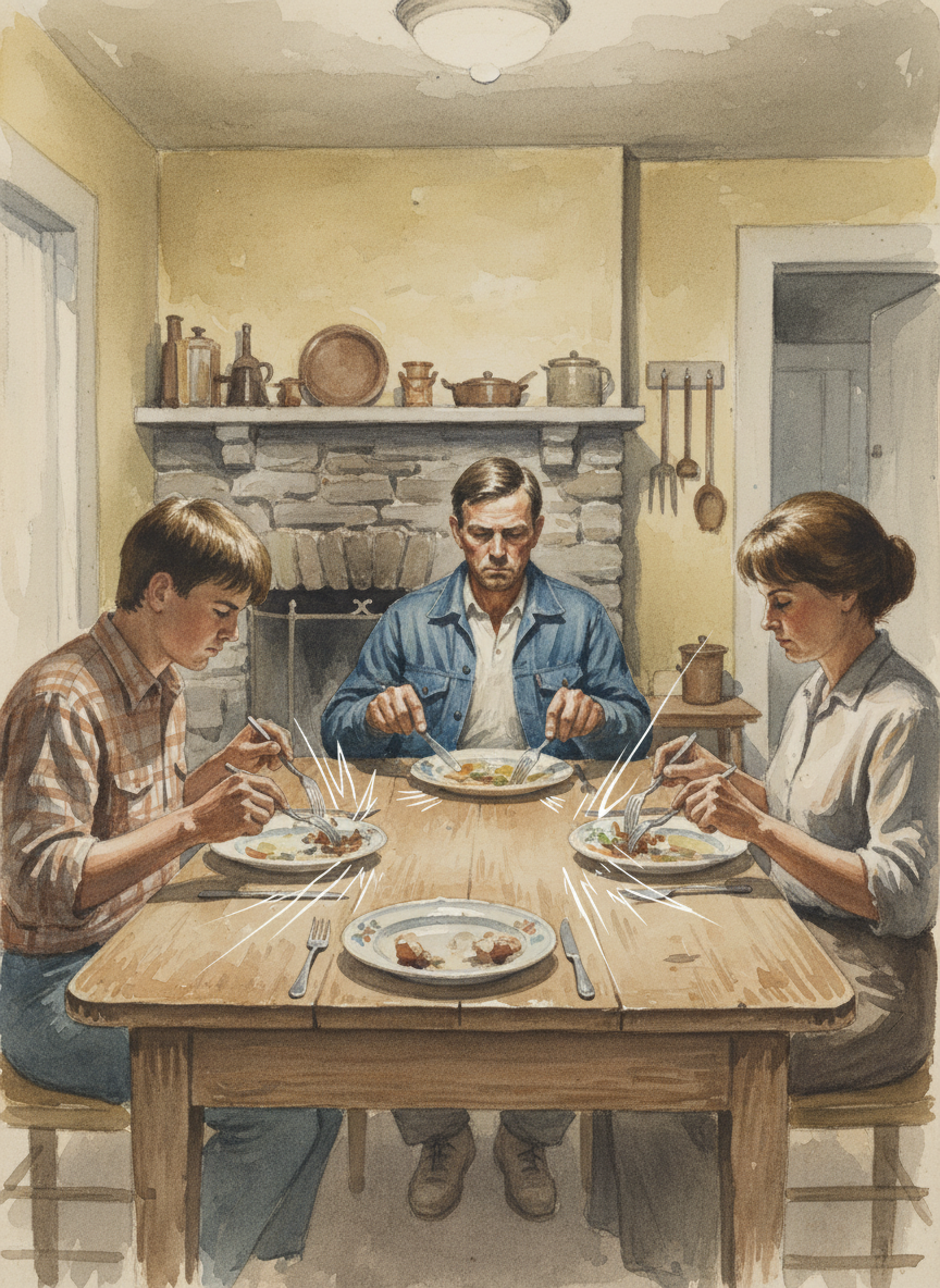 There was silence while forks scraped plates.